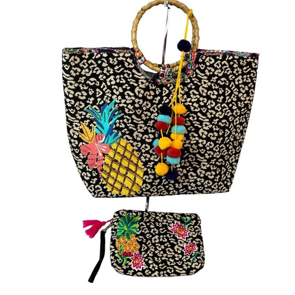 America & Beyond Handbags - Oversized Tote & Small Bag Black White w/Embellished Pineapple Pom Poms Tropical